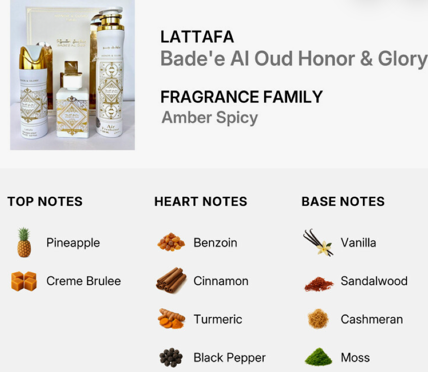 Honor and Glory Bade'e Al Oud Lattafa Set Air Freshener Included